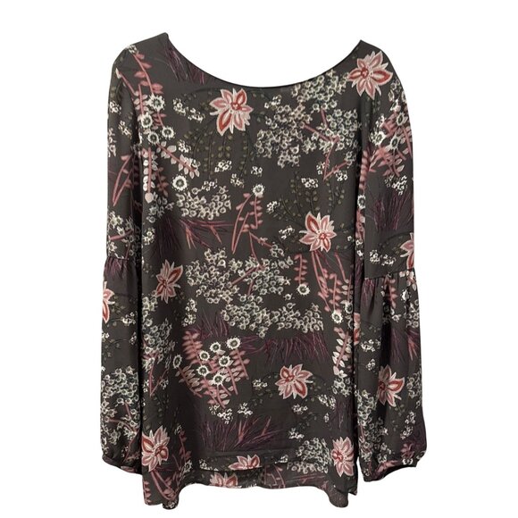 Floral Printed Polyester Blouse Gray Multi With Long Sleeves Sz XL blouse - Picture 3 of 12